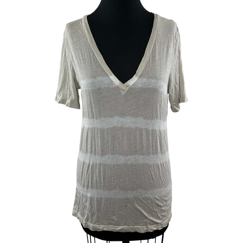 J Crew Off White Beige Raw Stripe Short Sleeve V Neck Top Shirt Sz L Large FLAW